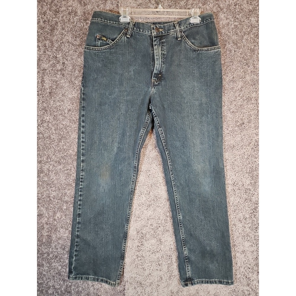 Lee Regular Fit Jeans Mens 38x30 Blue Dark Wash Straight Leg Denim Casual